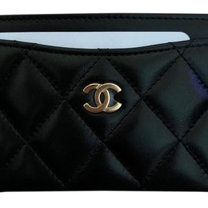CHANEL Black Silver Classic Card Holder Lambskin Wallet